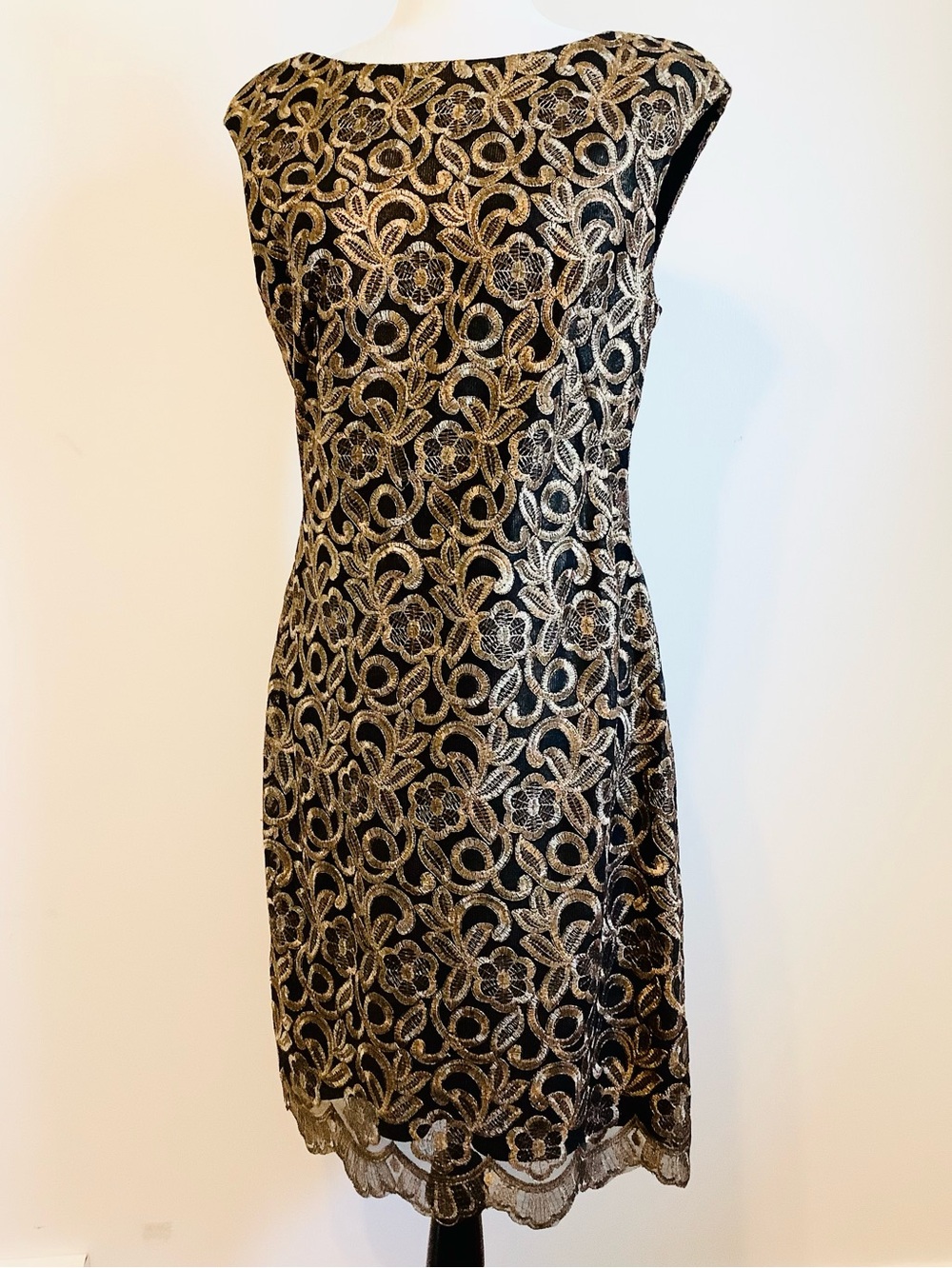LAUREN Ralph Lauren Women’s Black Dress with Gold Floral Embroidered Lace Sz.12